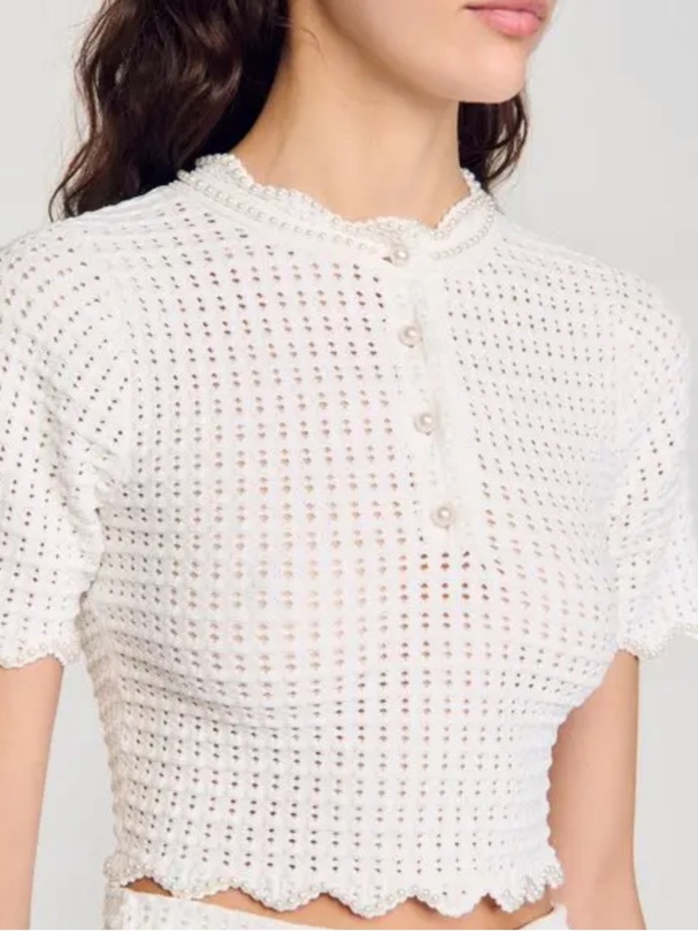 SANDRO White Crochet Short-Sleeve Knit Top with Pearl embellishments.